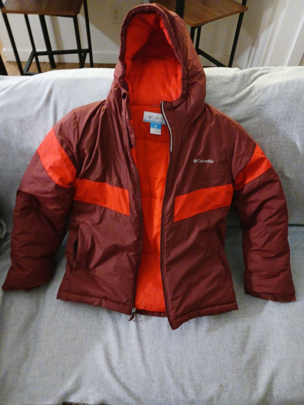 Columbia Kids Burgundy and Orange Hooded Puffer Jacket